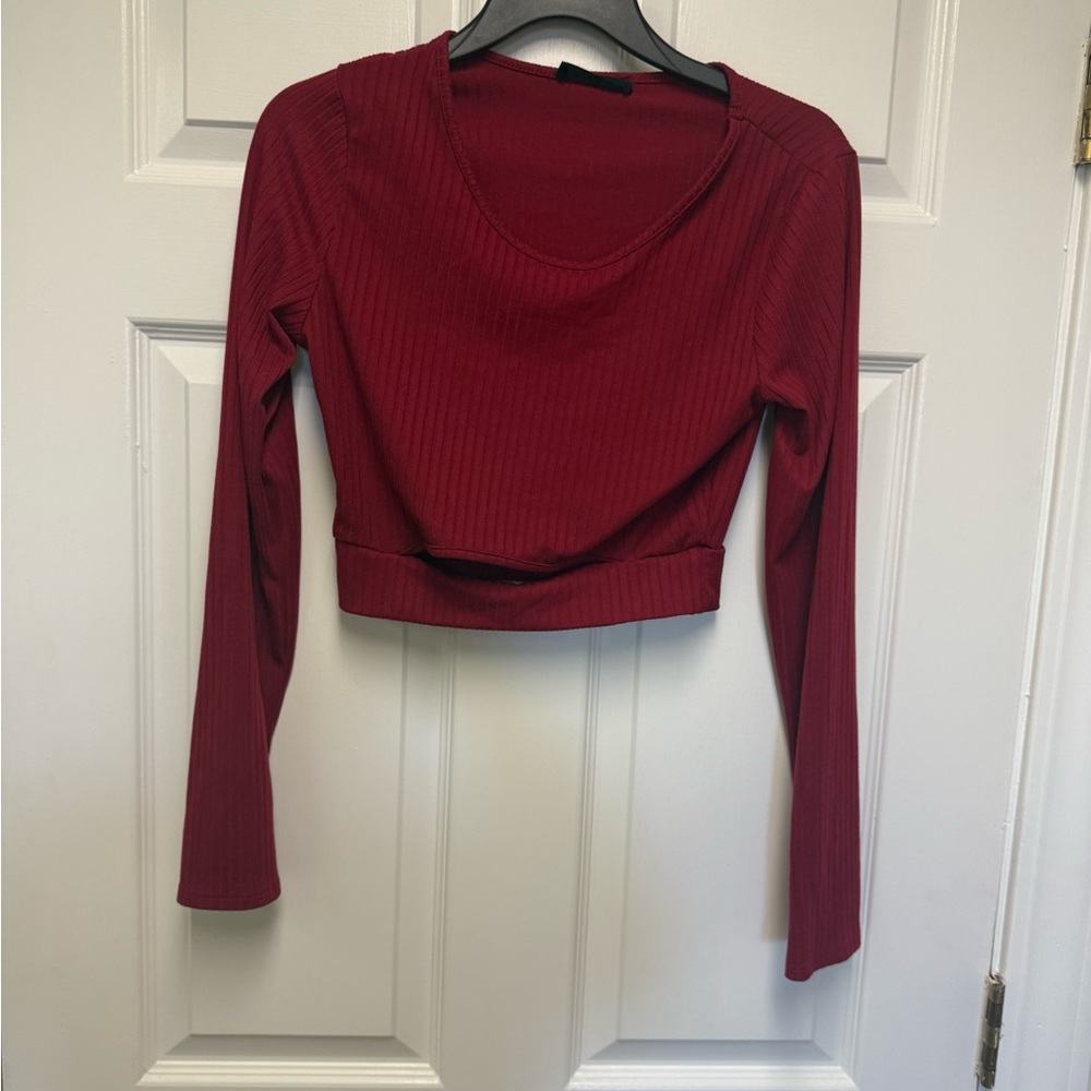 Source Unknown Red Fitted Long Sleeve Crop Blouse
